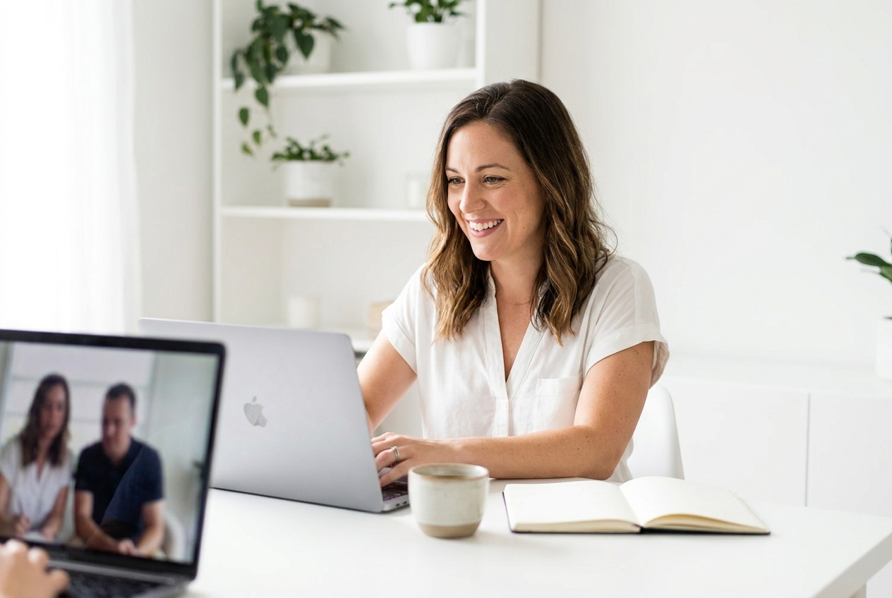 Erstgespräch per Videocall am hellen Schreibtisch
