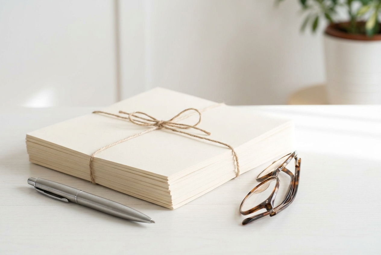 Stapel Vertragsunterlagen mit Stift und Brille auf hellem Tisch